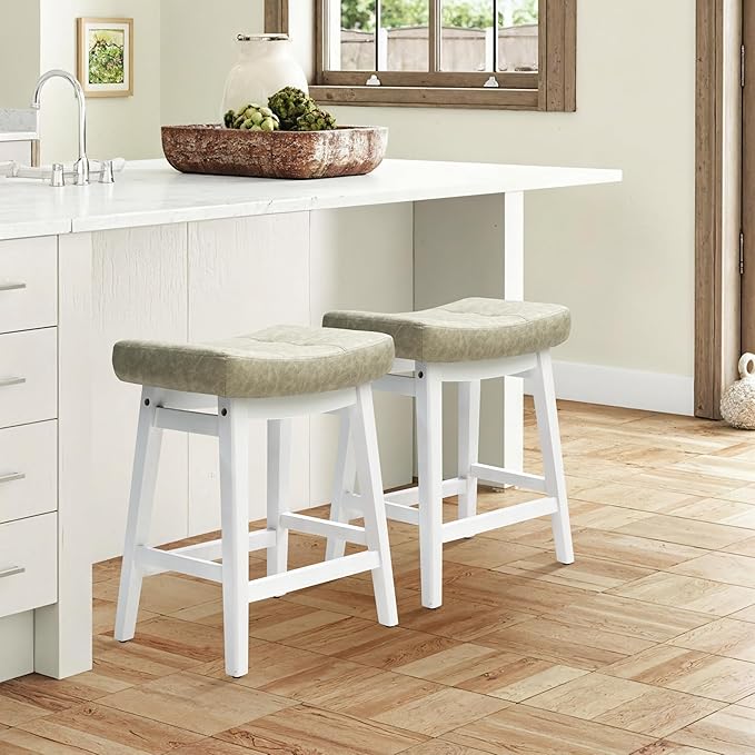 Counter Height Bar Stools Set of 3 for Kitchen Counter Farmhouse Modern Barstools with Faux Leather Upholstered Backless Seat and Solid Wood Legs 24 inch Bar Chairs, Light Grey + White