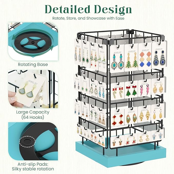 EsLuker.ly Rotating Earring Display Holder Stand for Vendors Events Selling, Large Capacity 64 Hooks Jewelry Rack with Wooden Base for Earring Card Sales, Enhances Retail Visibility (Blue)