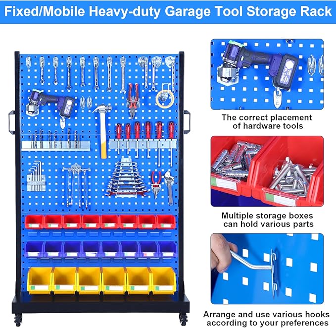 Heavy Duty Metal Shelving Unit, Mobile Garage Storage Rack with Adjustable Shelves, Tool Hooks & Organizer Bins for Screw, Bolt & Parts Organization