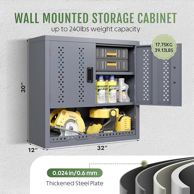 Metal Garage Wall Cabinet, Wall Mounted Storage Cabinets with Doors, Floating Steel Cabinet with Adjustable Shelves and Open Drawer, Heavy-Duty Tool Organizer for Warehouse, Basement, Kitchen