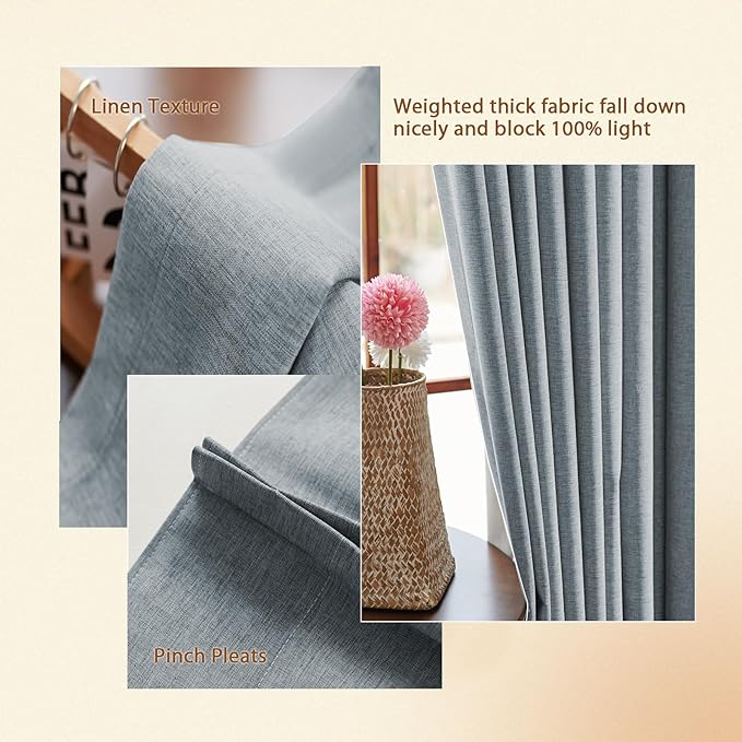 Textured Linen Pinch Pleated 100% Blackout Curtains for Bedroom/Living Room Blackout Curtains 54 Inches Long, Energy Saving Window Treatment Curtains,42Wx54Lx2,Grey Blue