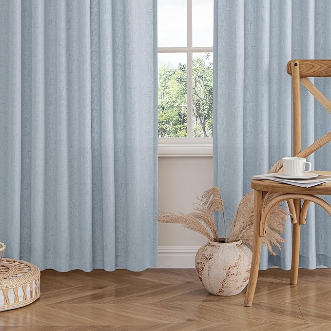 MIULEE Non-See-Through Privacy Linen Curtains 2 Panels, Chambray Blue Light Filtering Window Curtains Farn House Textured Back Tab Semi Sheer Drapes for Bedroom Living Room 96 Inches Long Light Blue