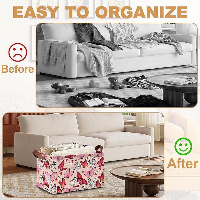 Pink Butterfly Storage Bins with Handles, Collapsible Storage for Clothes, Gift Basket, Blankets & Closet Organization