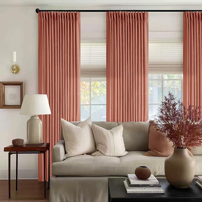Extra Long Terracotta Linen Curtains 120 Inches Long Red Clay Farmhouse Rustic Curtain Light Filtering Semi Sheer Back Tab Pinch Pleat Curtain for Tall Ceiling Living Room 2 Panels Autumn Fall Decor