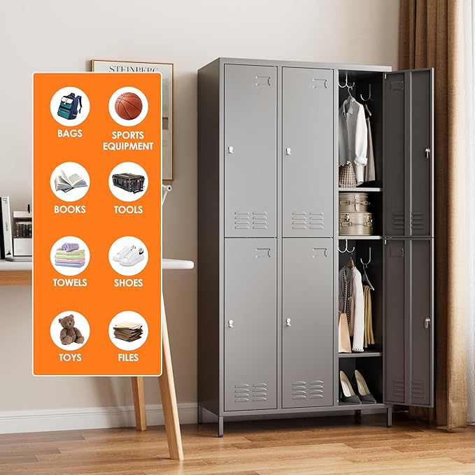 Aobabo Metal Locker for Employees, 6 Doors Metal Locker Cabinet with Lock, Industrial Storage with 18 Hooks, Storage for Office, Gym, Dormitory, Assembly Required, Dark Grey
