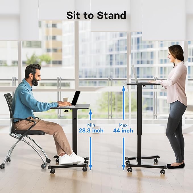 BONTEC Mobile Standing Desk Adjustable Height, Rolling Laptop Cart with Hook, Portable Workstation with Pneumatic Lift, Ergonomic Table with Wheels, Compact Home Office Desk, Black 25.6" x 17.7"