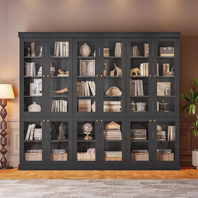 Vyre 70.8" Tall Black Bookshelf with Glass Doors, Farmhouse Modular Bookcase with 6-Tier Adjustable Shelves, Large Storage Cabinet for Home Office, Living Room, Set of 3