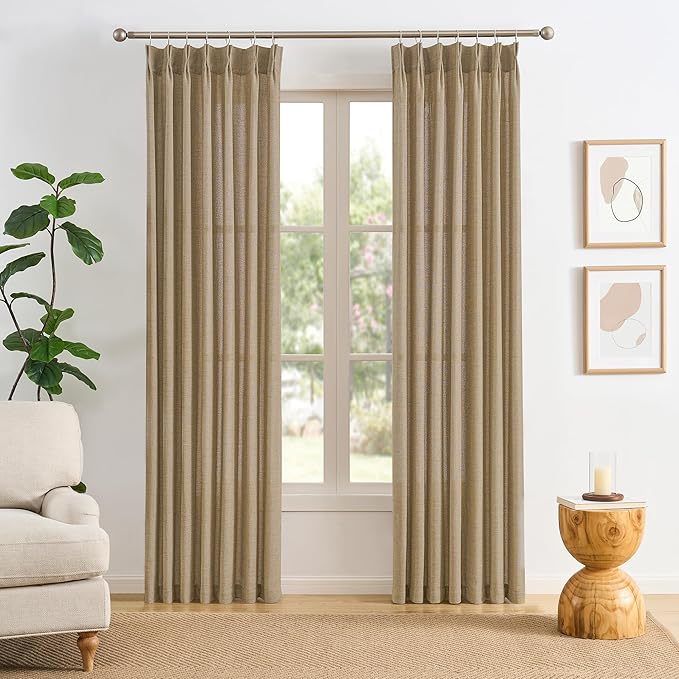 Dark Flax Pinch Pleated Linen Curtains 90 Inches Long Semi Sheer Memory Trained Ripple Fold Curtain with Hooks Back Tab Textured Light Filtering Drapes for Bedroom Living Room 42x90 Set of 2