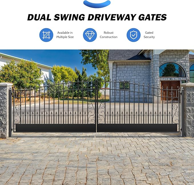ZUMI Dual Swing Driveway Gates, 18x6 ft. Outdoor Steel Swing Gates for Driveway, Heavy-Duty Driveway Fence Gates for Home Security, Weatherproof Iron Security Gate Kit for Outdoor, Greerwich Style