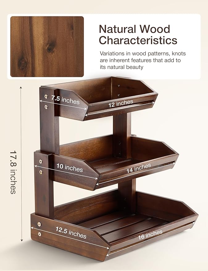 HOLANA Acacia 3 Tier Fruit Basket for Counter – Wooden Fruit Bowl for Kitchen Counter Organizer, Vegetable & Produce Storage, Wooden Basket & Snack Organizer for Countertop Storage (Walnut)