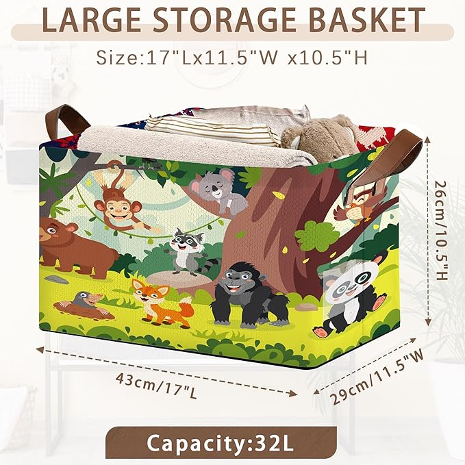 Animals Storage Basket Large 17x11.5x10.5 Inches - Collapsible Fabric Organizer Bin with Handles for Nursery,Kids Room,Toys - Foldable Decorative Hamper with Jungle Animal Pattern - Single Pack
