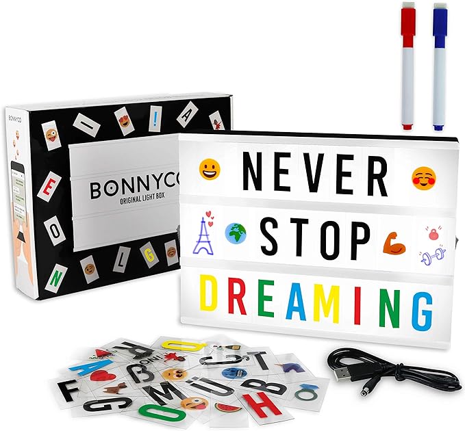 BONNYCO Cinema Light Box with 400 Letters, Symbols, Emojis, 2 Markers and USB. Led Light Box Home Decor, Room Decor. Cinema Led Sign Letters Board, Novelty Gifts Christmas, Birthdays. Marquee Lightbox