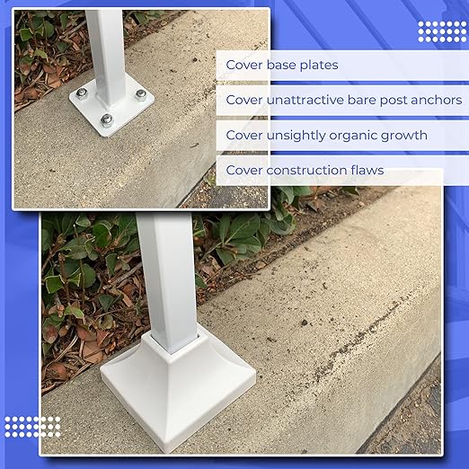 Deck Post Base Cover – Durable, Snap-Together Shoe Base Instantly Transforms Hand & Stair Rail Feet – Porch, Stair & Deck Base Brackets Covers – UV-Resistant ABS Plastic (White)