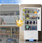 Aobabo Upgraded Metal Garage Storage Cabinet with Wheels and 2 Drawers, Lockable Rolling Tools Cabinet with Pegboards and Hooks,Assembly Required,White