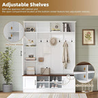 Merax Farmhouse Wood Hall Tree with 6 Hooks and Shoe Bench, Mudroom Versatile Coat Racks with Cabinets and Shelves, Entrance Organizer for Hallway White
