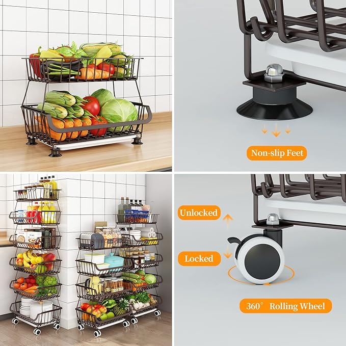 Miyawell Fruit Vegetable Storage Basket for Kitchen - 6 Tier Stackable Metal Wire Baskets Cart with Rolling Wheels Utility Fruits Rack Produce Snack Organizer Bins for Pantry Bathroom Laundry Bronze