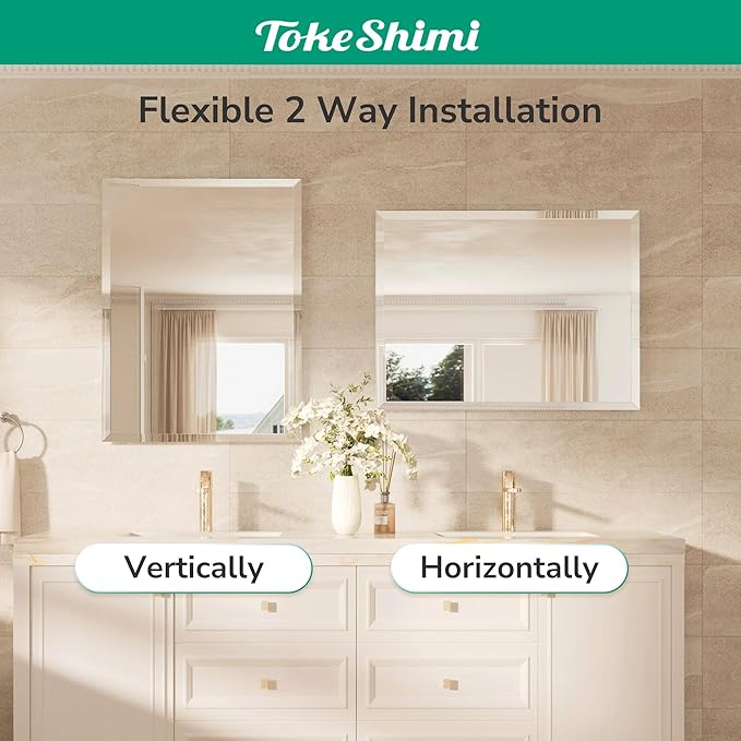 TokeShimi 24x36 Beveled Wall Mirror Decorative, Bathroom Vanity Mirrored with 1" Beveled Edge, Shatterproof Modern Frameless Mirror Bathroom Rectangle for Living Room, Entryway, Restroom