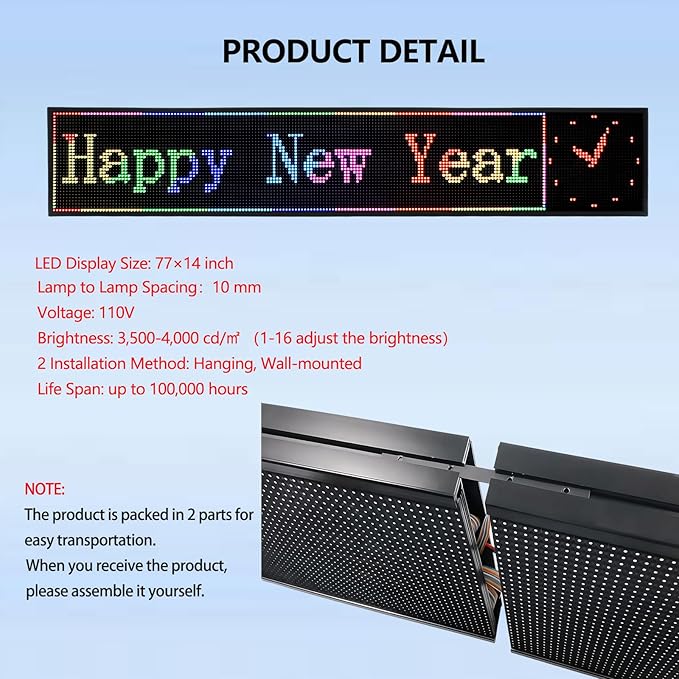 P10 LED Signs Programmable Outdoor 77"x14", IP65 Waterproof Scrolling LED Sign, Vibrant Colors Digital Led Signage Displays, Wifi + USB Control Open Signs for Business