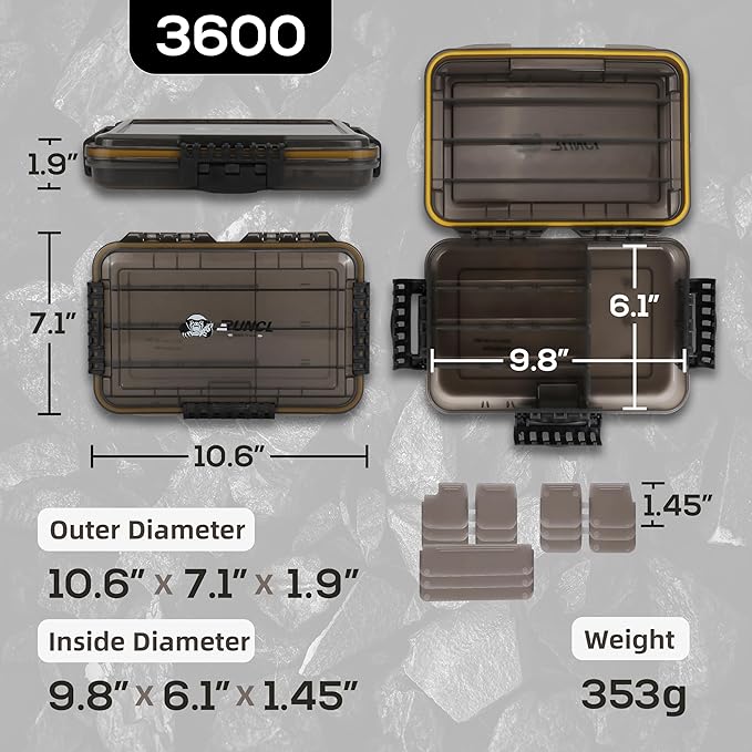 RUNCL Fishing Tackle Box, Waterproof Tray for Jigs Lures, Thicker Floating Tackle Utility Box with Adjustable Dividers, 3600/3700/Large 3700 Size