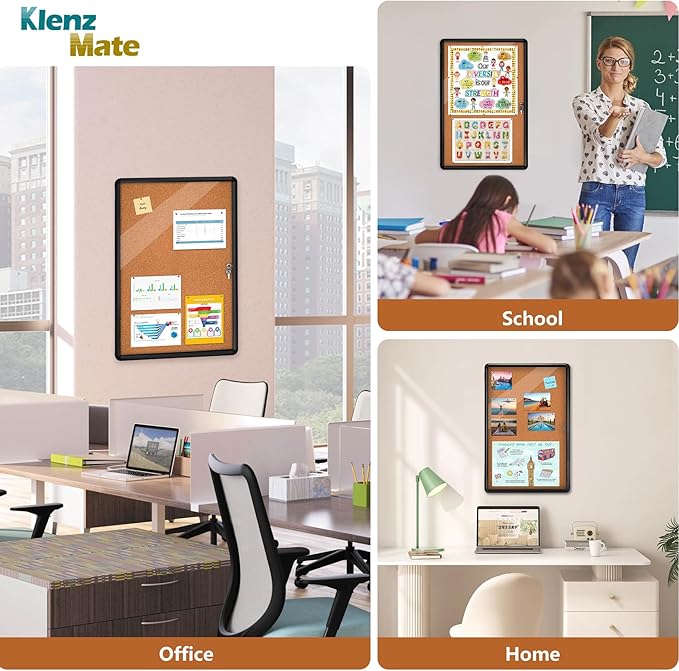 36"x24" Enclosed Cork Bulletin Board Tamper-Proof Dispaly Case,Brown Fabric&Black Aluminium Frame,Shatter Resistant Lockable Bulletin Board with Clear Acrylic Door for School,Office,Community,Hospital