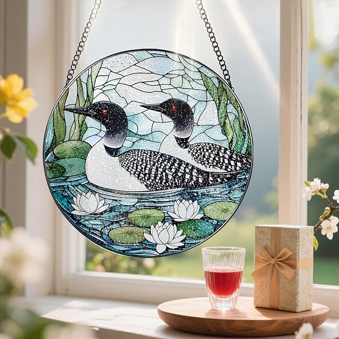 8-Inch Loon Birds Stained Glass Suncatcher Ornament, Stained Glass Window Hanging, Window Hanging Decor – Christmas, Birthday | Gifts for Bird Lover, Friend, Couples, Family | Holiday Decorations