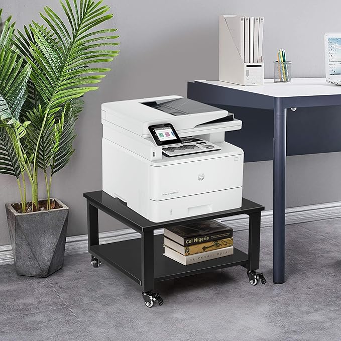 Under Desk Printer Stand - 2-Tier Industrial Mobile Printer Table with Storage Shelf, 19.7''x19.7''x12.6'' Heavy Duty Wood Rolling Printer Cart with Wheels for Home and Office,Classic Black