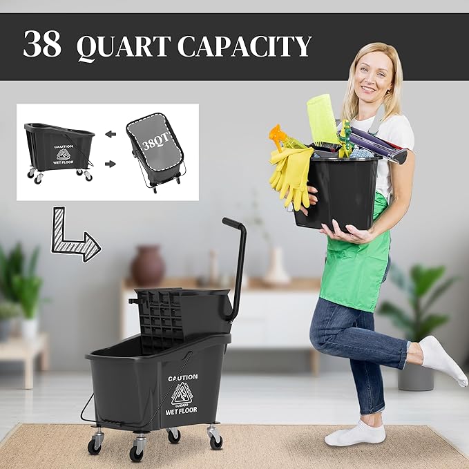 HOMCOM Mop Bucket with Wringer on Wheels for Floor Cleaning, 38 Quart Down Press Wringer with Handle and Mop, Black