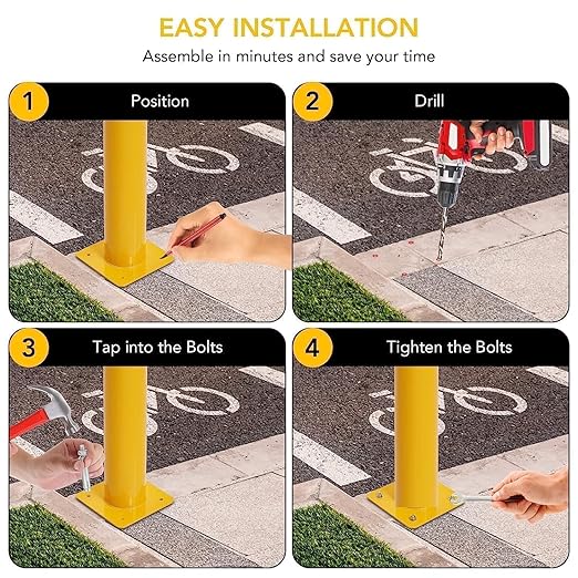 4-Pack 36 Inch Steel Safety Bollard Post, 4.5 Inch Diameter Metal Safety Bollard with 16 Anchor Bolts for Driveway Barrier, Parking Pole, Traffic Control