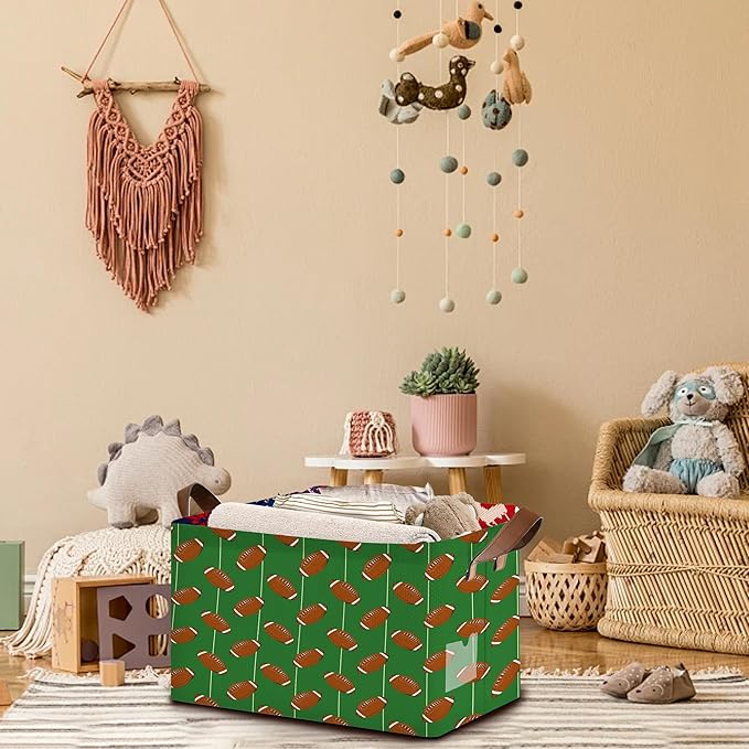 Football Storage Basket Large 17x11.5x10.5 Inches - Collapsible Sports Organizer Bin with Handles for Game Room,Toys,Laundry - Foldable Decorative Hamper with Football Pattern - Single Pack