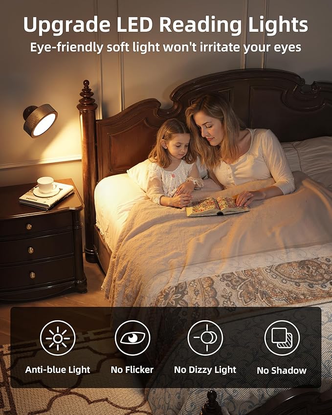 EZVALO LED Wall Mounted Lights, 5500mAh Rechargeable Wall Sconces Lamp, 3 Color Temps & Remote and Touch Control, 360°Rotation Dimmable Cordless Wall Light for Bedroom Reading Study (3 Pack Walnut)
