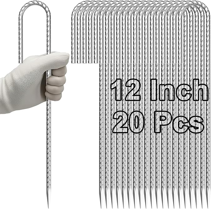 VVOKGO Rebar-Stakes-12-Inch J Hook Galvanized Tent Stakes Heavy Duty, 20-Pack Ground Chain Link Fence Anchors with Chisel Point End for Bounce House, Camping Tents, Outdoor Inflatables Decorations