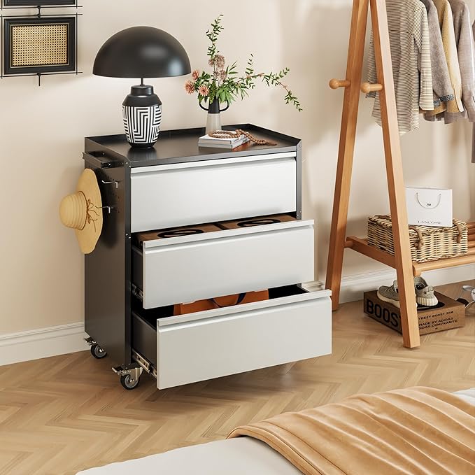 Aobabo Metal Garage Storage Cabinets with Wheels, Steel Cabinet with 3 Drawers for Garage, Warehouse, Home, Assembly Required, Black Silver