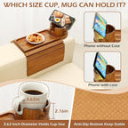 Couch Cup Holder Tray, 15.75" Acacia Wood Couch Armrest Table, 3 in 1 Foldable Sofa Clip on Side Table with 360° Phone Stand, Armrest Tray for Coffee Snacks