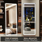 LED Rectangular Corner White Full Length Mirror - 21“ x 64” Brightness Adjustable, Touch Screen Control, Wall Mounted or Freestanding, for Bedroom Living Room Cloakroom Dressing Mirror