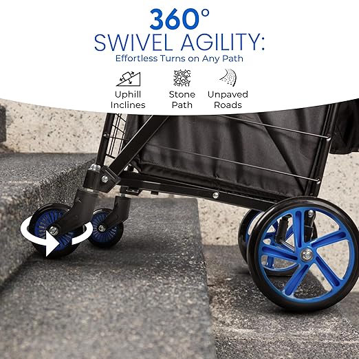 SereneLife Small Compact Folding Shopping Cart with Removable Waterproof Liner – 360° Swivel Wheels, Rust‑Proof Steel Frame, 70 lb Capacity – Portable Grocery, Laundry & Travel Cart (Blue)