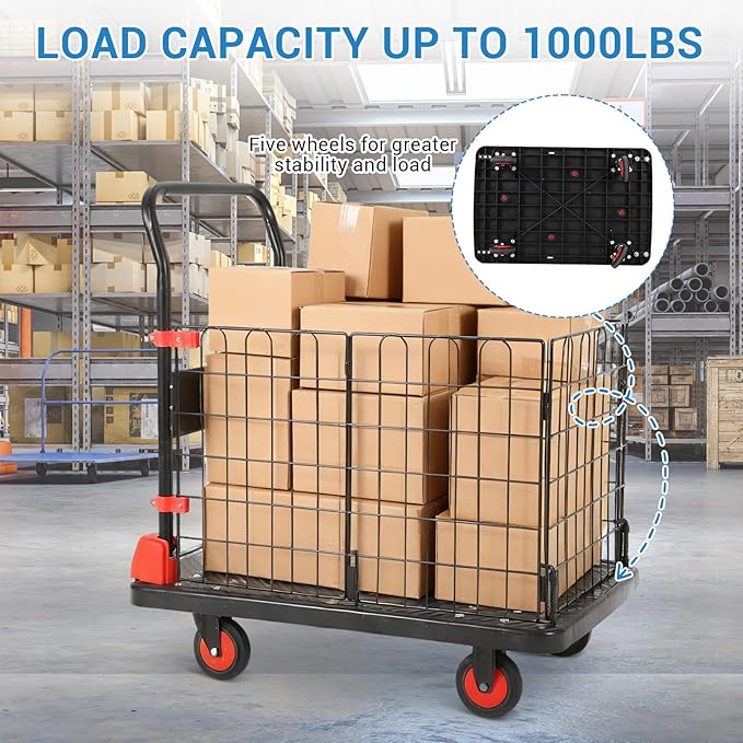 Platform Truck Cart with Cage, 35 * 23 * 20 in 1000LBS Capacity Folding Cart with Wheels,Heavy Duty Hand Moving Cart,Foldable Dolly with Basket for Warehouse Luggage Moving
