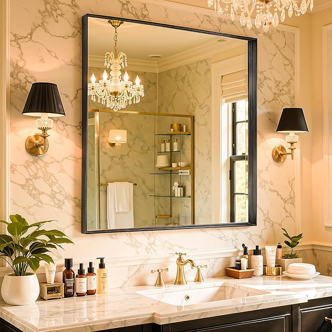 30"x30" Black Framed Bathroom Mirror, Large Rectangular Vanity Mirror, Aluminum Metal Frame, Wall Farmhouse Modern Wall-Mounted Mirrors for Bathroom, Bedroom, Living Room, Over Sink