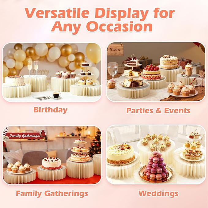 4Pcs Buffet Risers, Foldable Food Risers for Buffet Table, 12" Reusable Cardboard Display Risers Cylinder Stands with Acrylic Plates for Party, Wedding, Catering & Birthday Decor