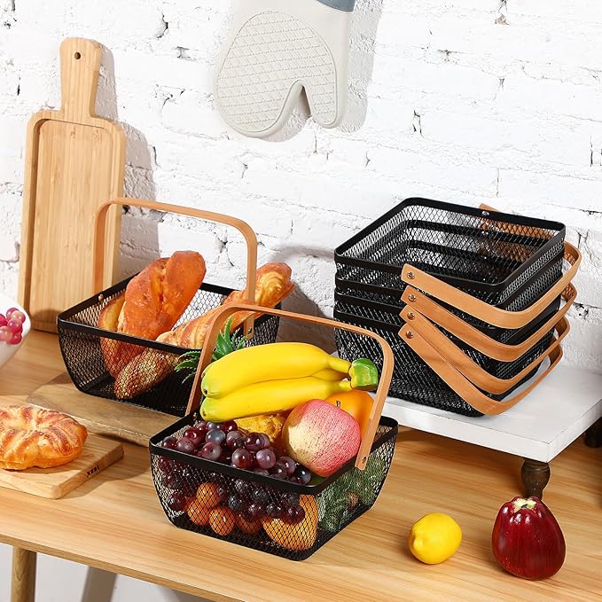 6 Pcs Metal Mesh Steel Basket with Handle Small Shopping Baskets Square Wire Harvest Storage for Kitchen Storage Garden Picnic Bathroom Organizing, 8.46 x 8.46 x 4.13 Inch(Black)