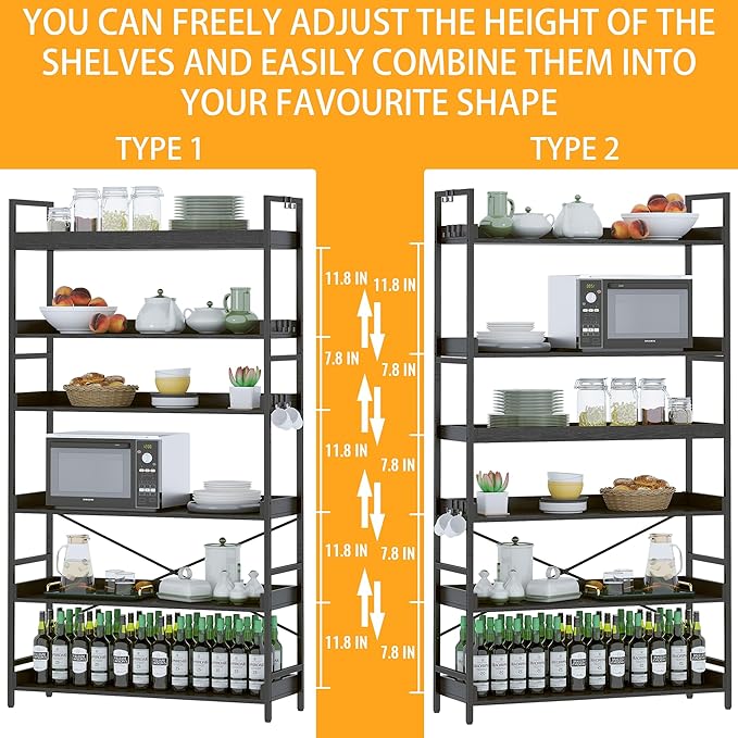 HCHQHS Bookshelf, Adjustable Industrial Bookcase, Vertical Tall Book Shelf, Wood and Black Metal Open Bookshelves for Home Office, Living Room, Bedroom (Black, 6-Tier (31" W x 70" H))