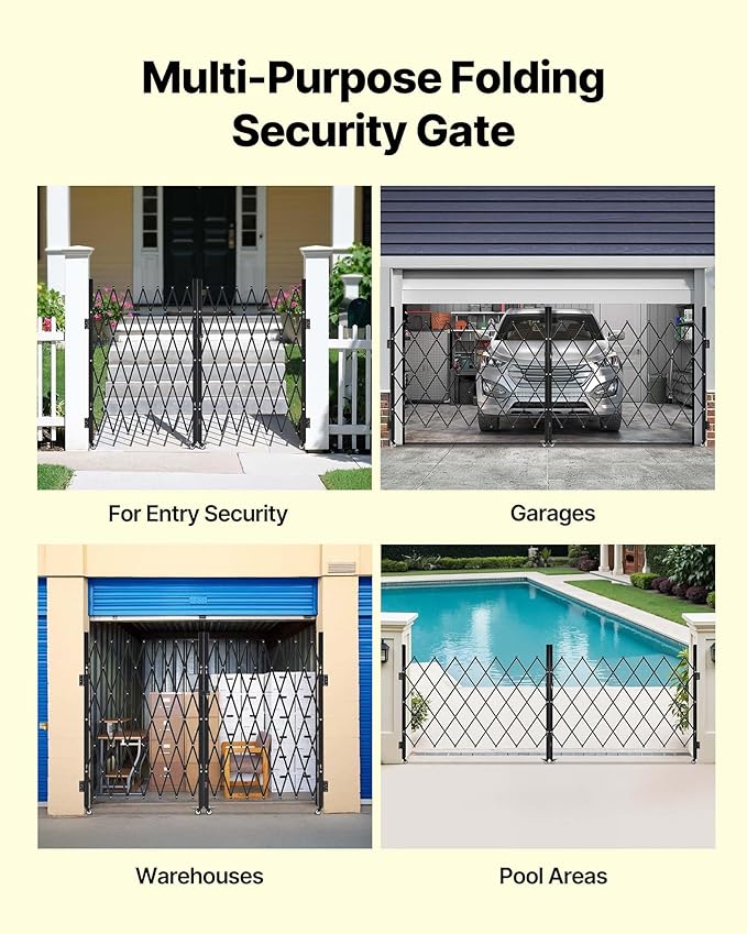 VEVOR Double Folding Security Gate, Lockable Scissor Gate with 360° Swivel Casters, Outdoor Barricade Steel Retractable Gates, for Entry Security, Garage, Warehouse & Pool, 145.67 x 63.19 in (W x H)