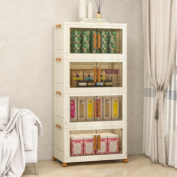Plastic Stackable Storage Bins with Lids and Wheels, 182.4QT-45.6QT*4Tier Foldable Closet Organizers and Containers, Collapsible Clear Drawer Storage Cabinet with Doors Ivory White
