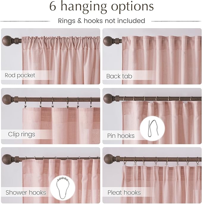 NICETOWN Thick Linen Blend Light Pink Sheer Curtains for Girls Room, Pleat Tape Semi Sheer Privacy Added with Light Filtering Window Treatments for Bedroom/Living Room, W52 x L84, 2 Panels