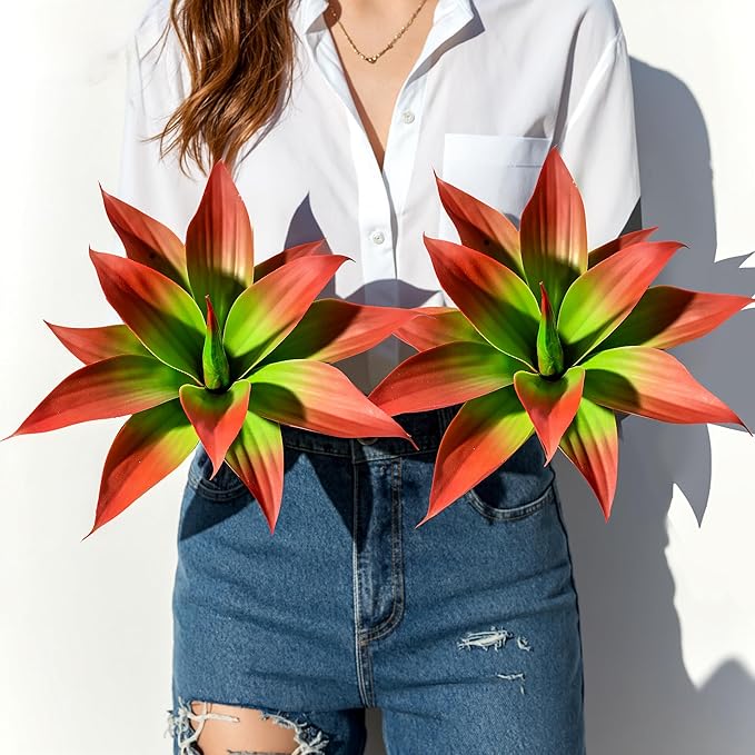 Artificial Agave Plants,Large UV Resistant Fake Agave Planters 12" for Indoor and Outdoor Decorating Tropical Plant Succulents Greenery Indoor Decor (2Pack, Red)