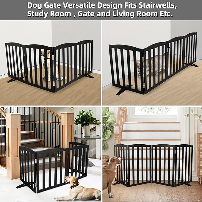 Freestanding Dog Gate Indoor,Doggie Gate Foldable Pet Gates for Doorways,Stairs or Hallways, Wooden Black Pet Gate for The House, Pet Fence with Support Feet Included,24 "Height-4 Panels