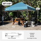 CROWN SHADES 10x10 Pop Up Canopy Tent - Patented Center Lock One Push Instant Outdoor Canopy Beach Tent with STO-N-Go Bag 8 Stakes & 4 Sand Bags，Cyan Blue