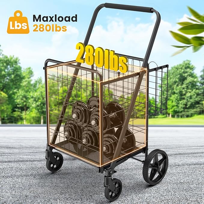 Folding Shopping Cart with Waterproof Bag, Grocery Cart with Encrypted Mesh Bottom, 23 Gal Double Basket & 360° Swivel Wheels, 260 Lbs Heavy Duty Shopping Carts for Groceries, Laundry