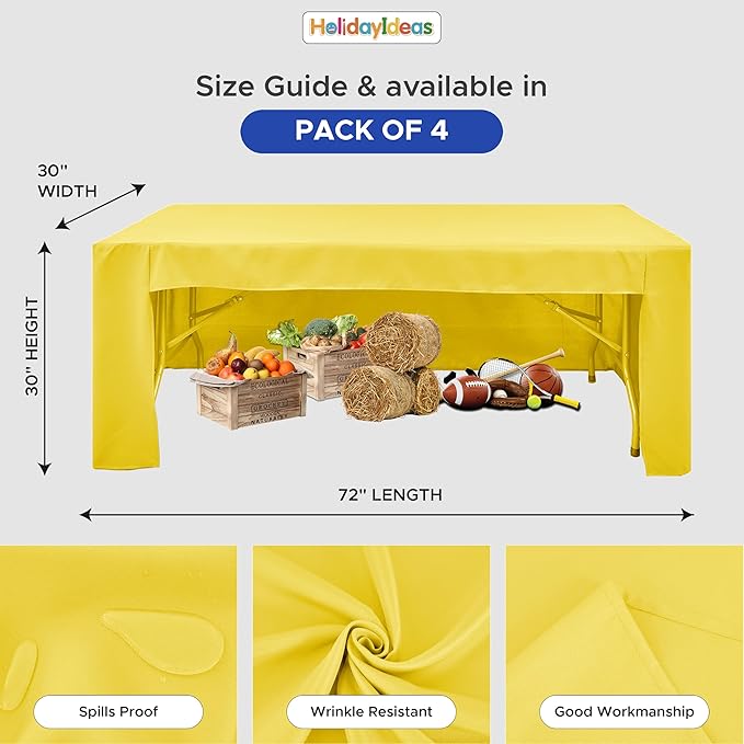 HolidayIdeas Open Back Fitted Tableclothss for 6 Foot Rectangle Table, Wrinkle Resistant Washable Table Covers 72x30 Inch for Craft Fairs, Banquets, Trade Show Display, Yellow,4 Pcs