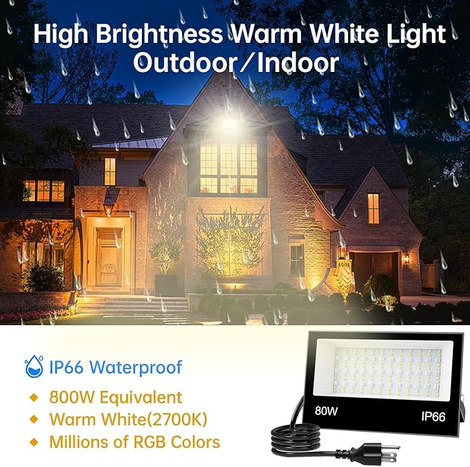 Remon LED Flood Light Outdoor 800W Equivalent 8000LM Smart RGB Landscape Lighting with APP Control, DIY Scenes - Timing - Warm White 2700K - Color Changing Uplight, IP66 Waterproof, 43 Modes (2 Pack)