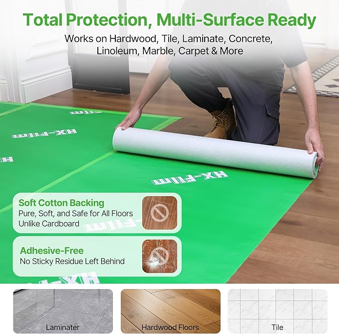 39" x 50' Heavy-Duty Floor Protection | Construction Grade Carpet Protector | Drop Cloth Plastic Film for Hardwood Floors | Waterproof Painters Covering with No Residue (Green)